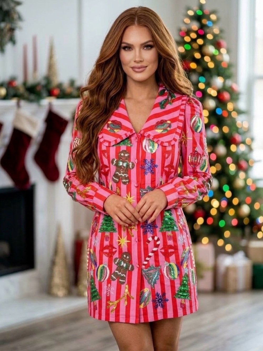 New! QUEEN OF SPARKLES Pink and Red Stripe Sequin Holiday Icon Mini Dress